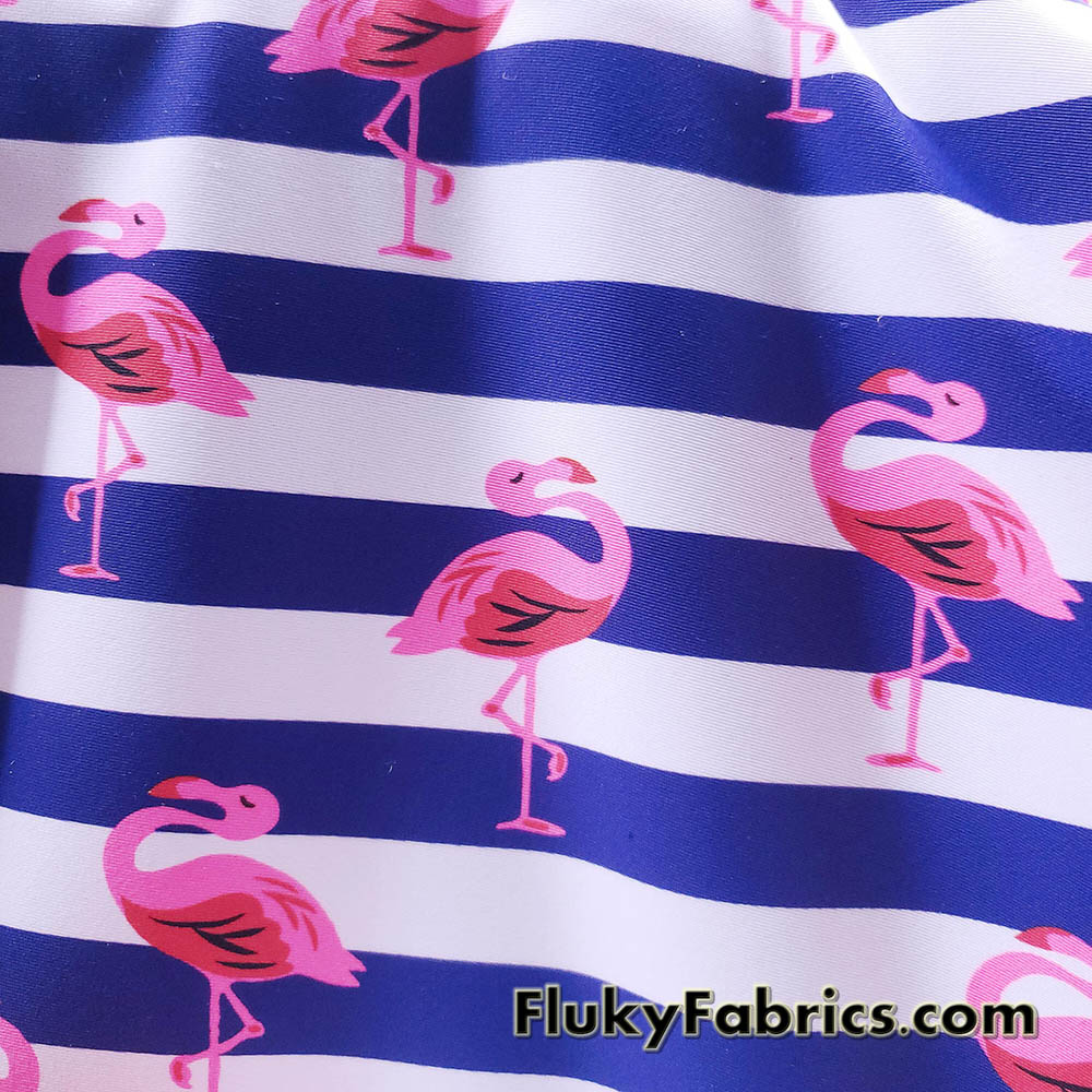 Pink Flamingos and Navy Stripes Print on 4-Way Stretch Swimsuit Nylon Spandex