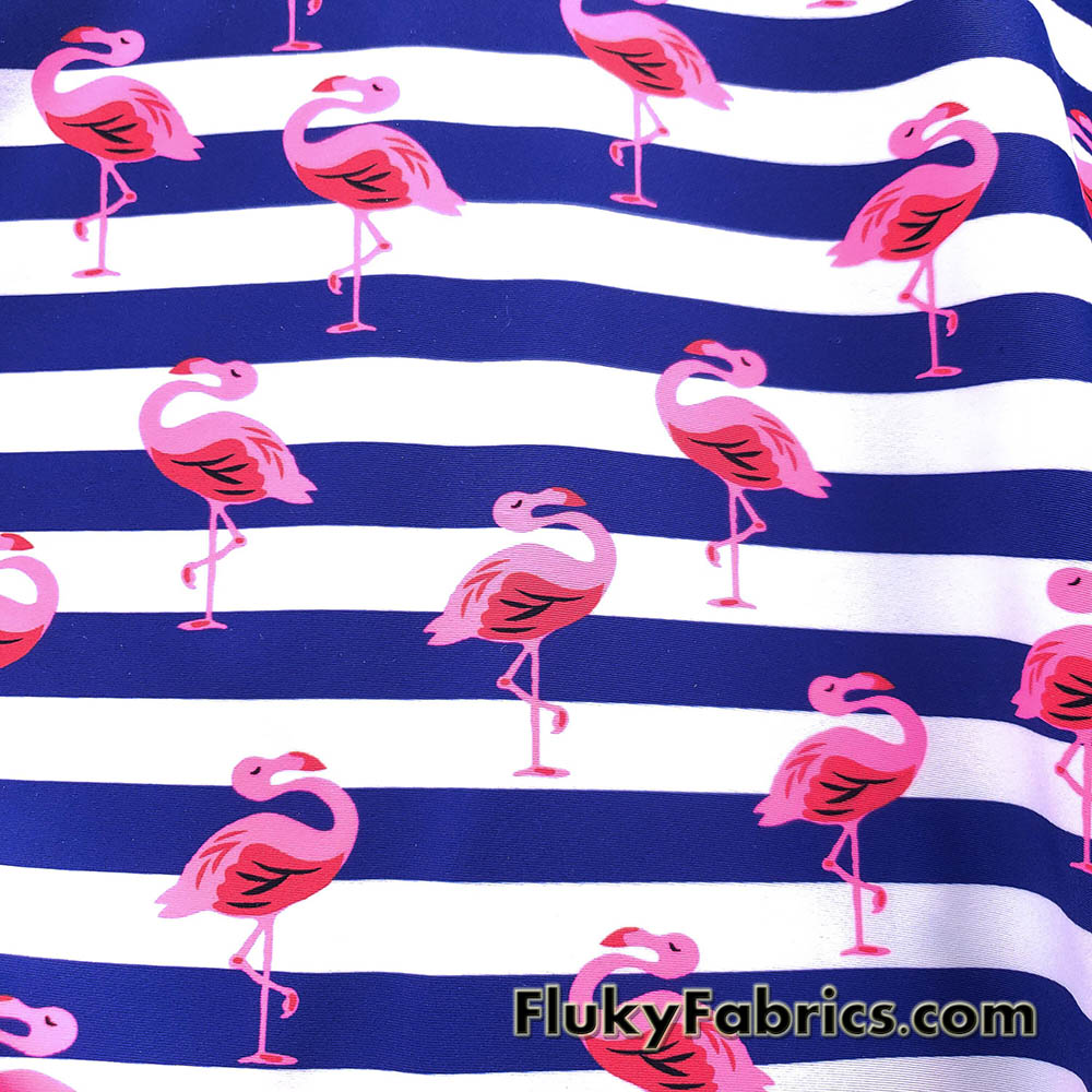 Pink Flamingos and Navy Stripes Print on 4-Way Stretch Swimsuit Nylon Spandex