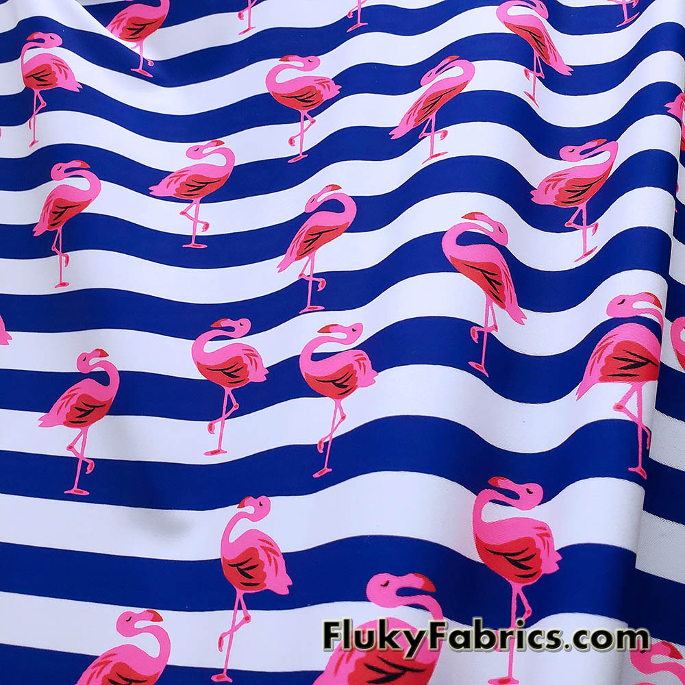 Pink Flamingos and Navy Stripes Print on 4-Way Stretch Swimsuit Nylon Spandex