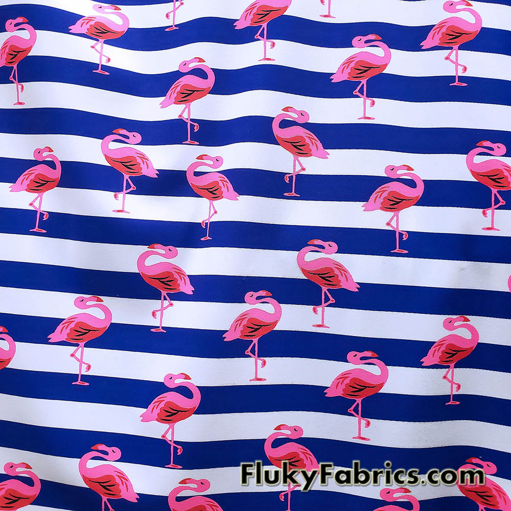 Pink Flamingos and Navy Stripes Print on 4-Way Stretch Swimsuit Nylon Spandex