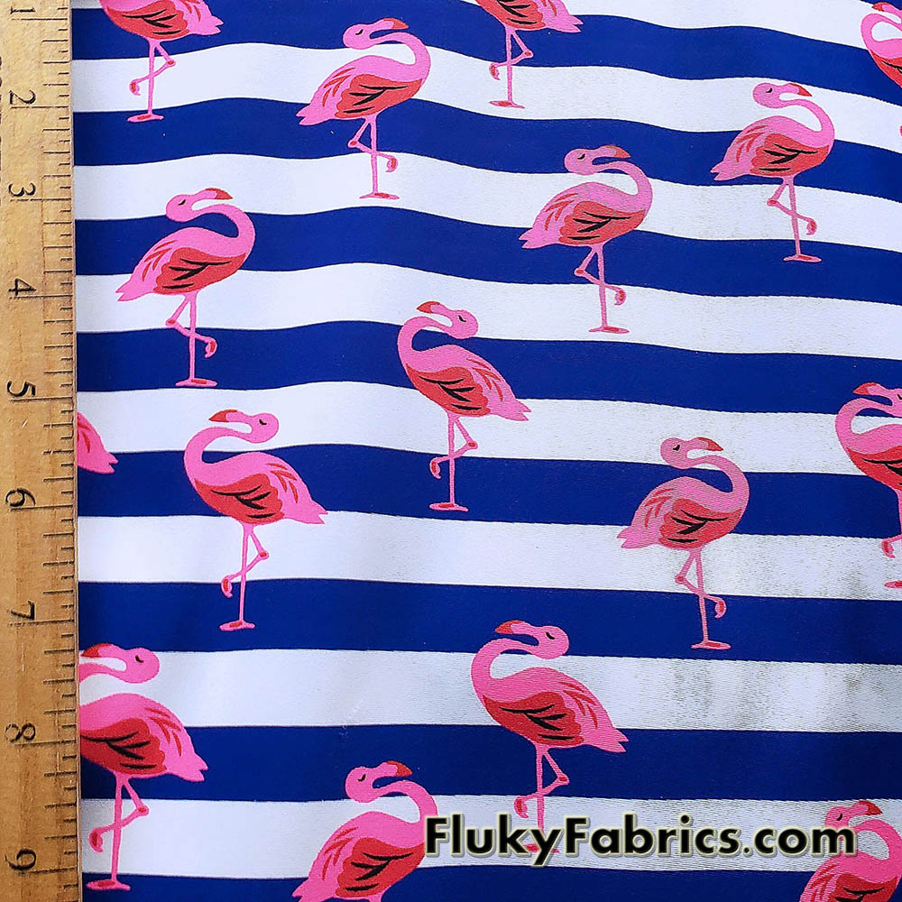 Pink Flamingos and Navy Stripes Print on 4-Way Stretch Swimsuit Nylon Spandex