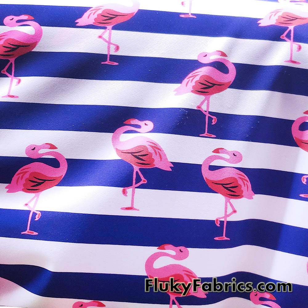 Pink Flamingos and Navy Stripes Print on 4-Way Stretch Swimsuit Nylon Spandex