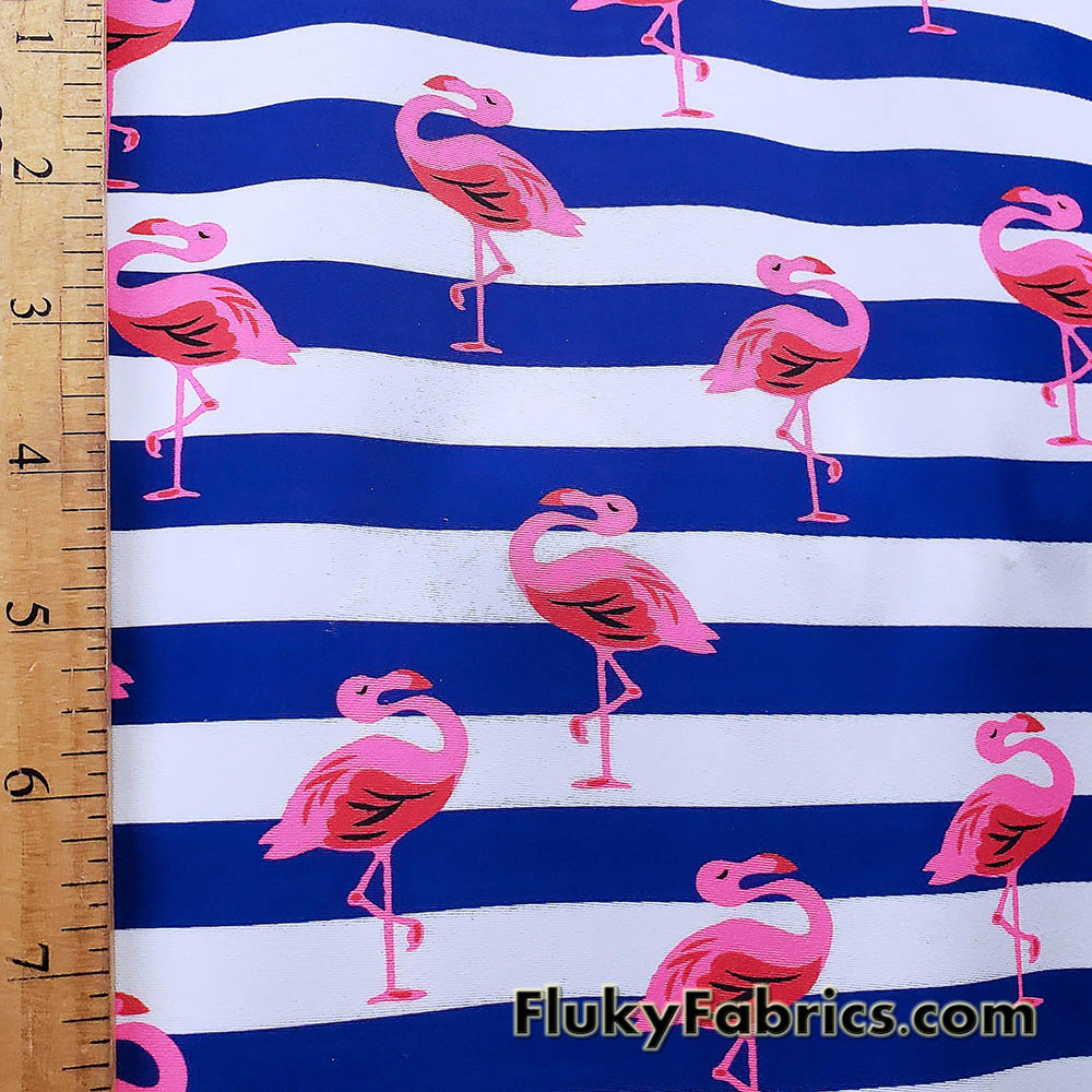 Pink Flamingos and Navy Stripes Print on 4-Way Stretch Swimsuit Nylon Spandex