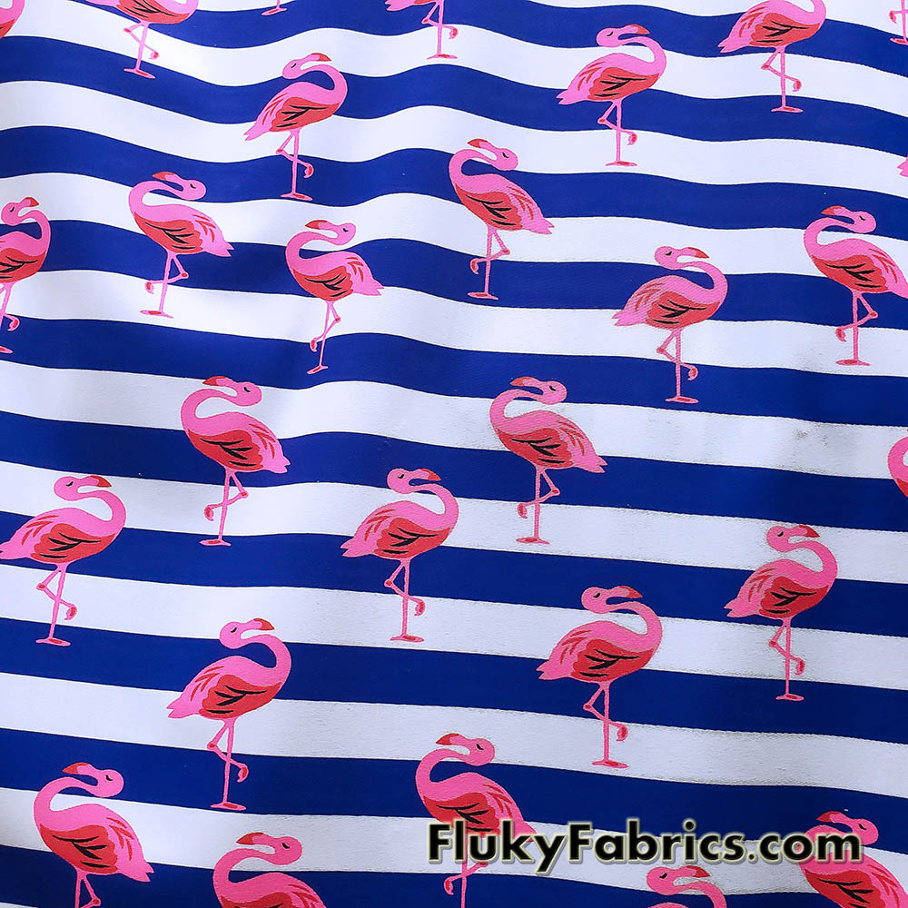Pink Flamingos and Navy Stripes Print on 4-Way Stretch Swimsuit Nylon Spandex