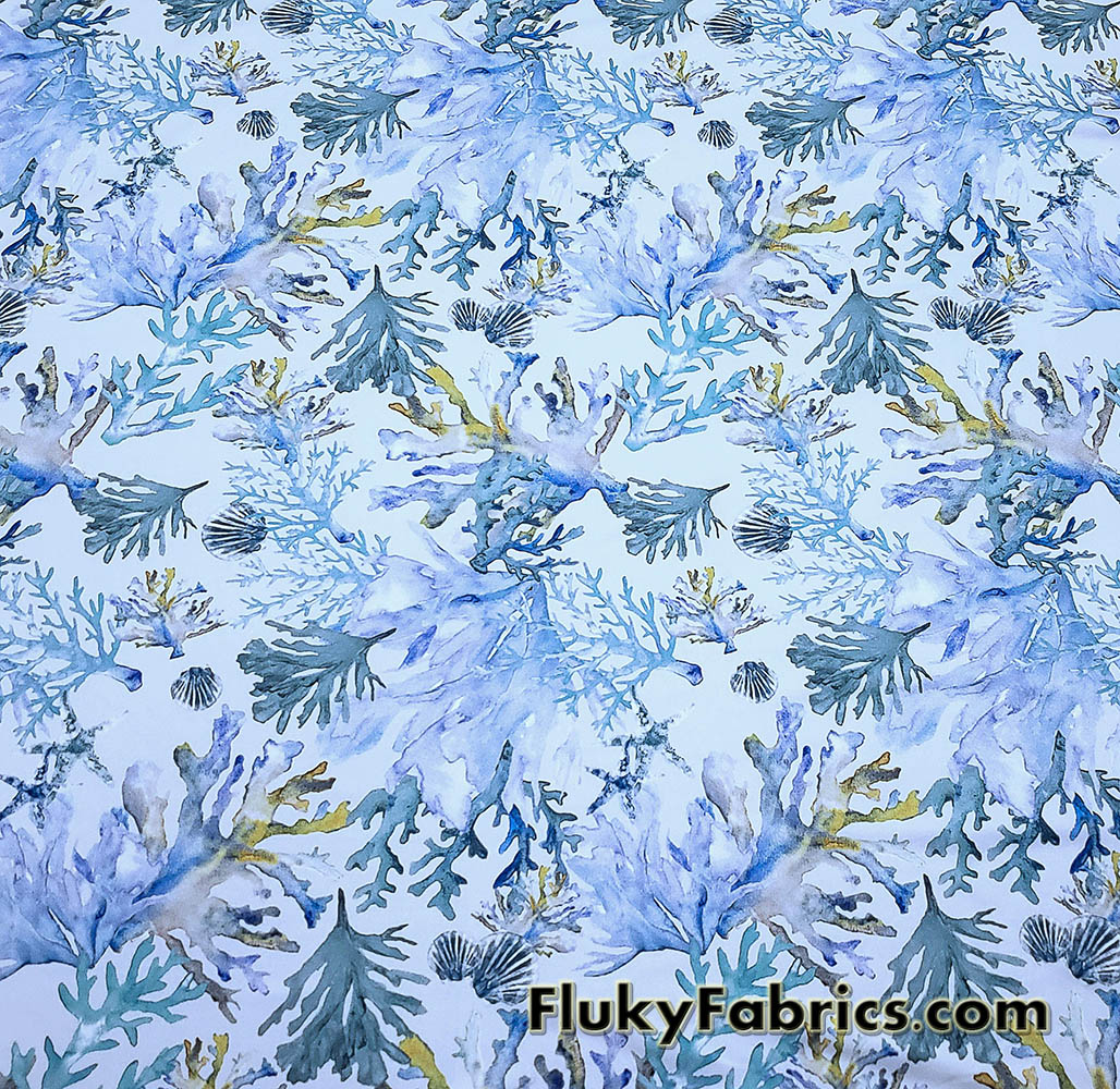 Watercolor Coral Reef Nylon Spandex Fabric by the Yard, Blue Ocean Print Swimwear Fabric