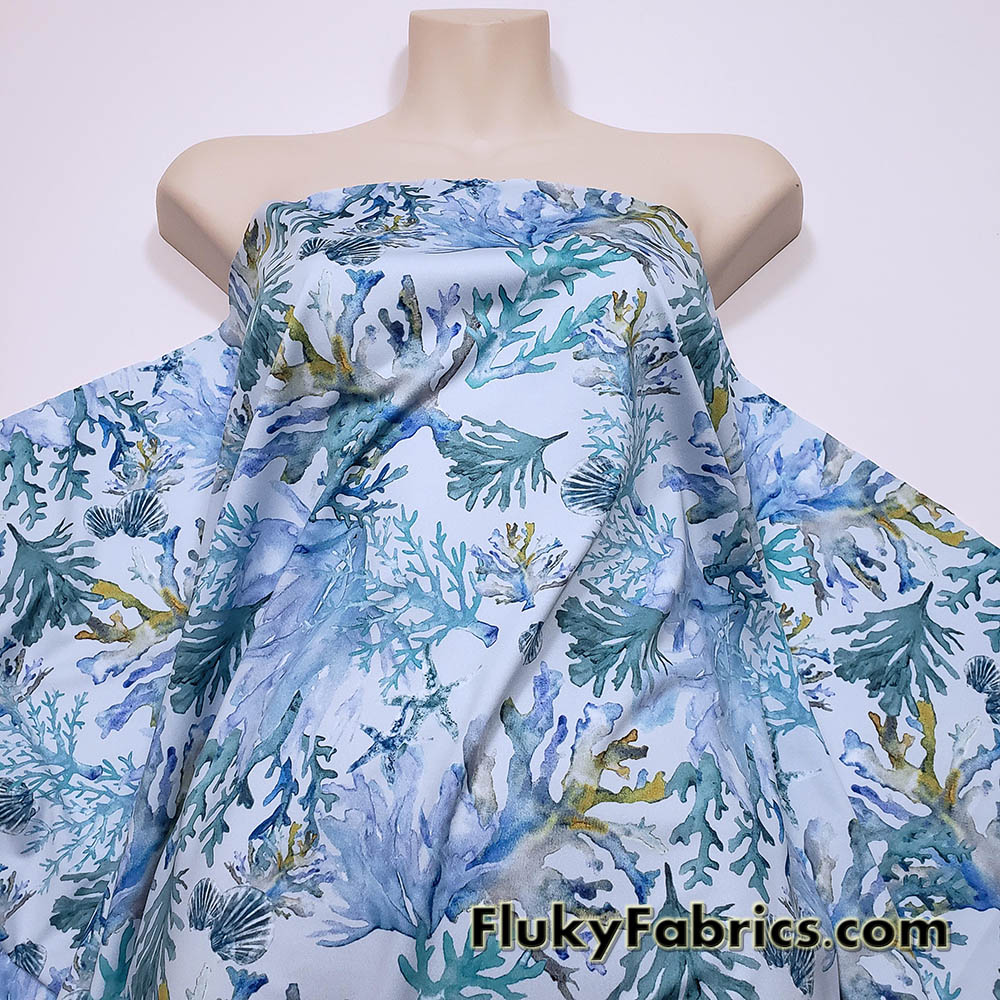 Watercolor Coral Reef Nylon Spandex Fabric by the Yard, Blue Ocean Print Swimwear Fabric