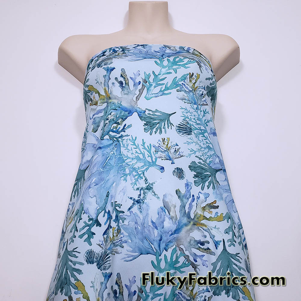 Watercolor Coral Reef Nylon Spandex Fabric by the Yard, Blue Ocean Print Swimwear Fabric