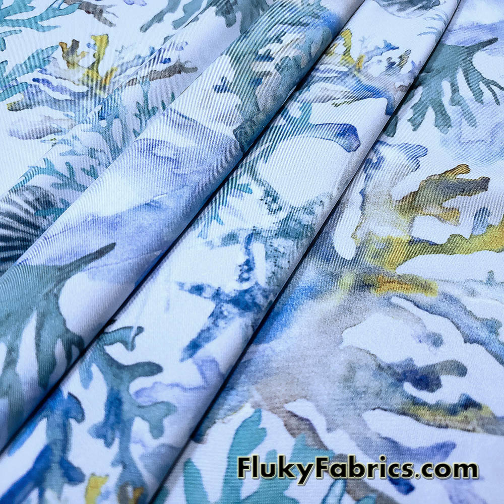 Watercolor Coral Reef Nylon Spandex Fabric by the Yard, Blue Ocean Print Swimwear Fabric