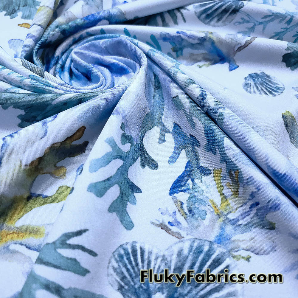 Watercolor Coral Reef Nylon Spandex Fabric by the Yard, Blue Ocean Print Swimwear Fabric
