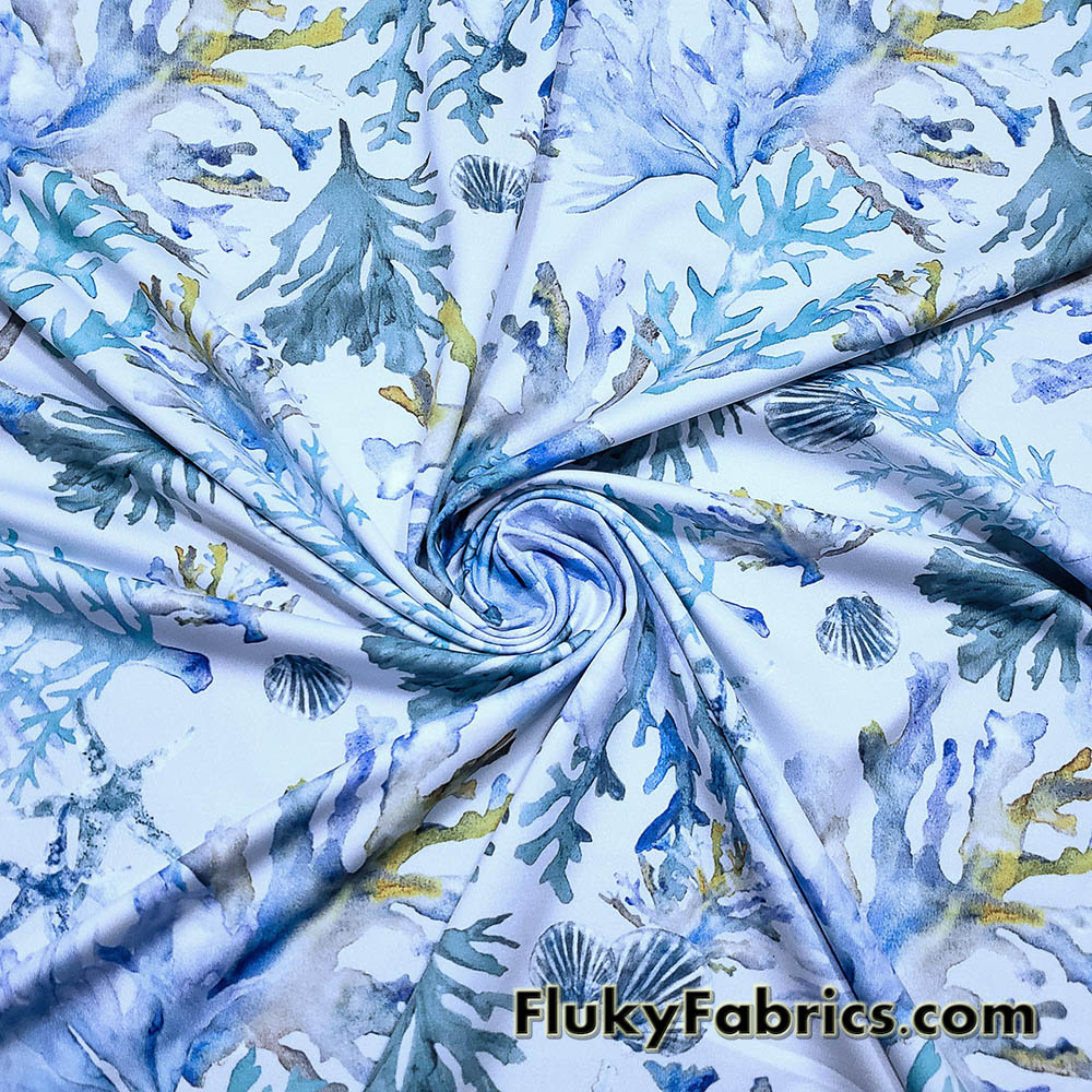 Watercolor Coral Reef Nylon Spandex Fabric by the Yard, Blue Ocean Print Swimwear Fabric
