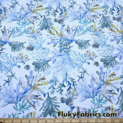 Watercolor Coral Reef Nylon Spandex Fabric by the Yard, Blue Ocean Print Swimwear Fabric