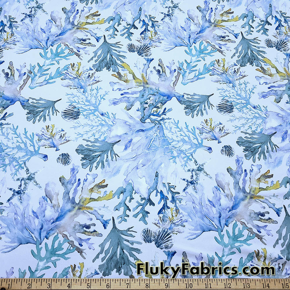 Watercolor Coral Reef Nylon Spandex Fabric by the Yard, Blue Ocean Print Swimwear Fabric